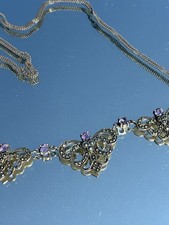 Estate Sterling Silver & Marcasite Victorian Style Amethyst Filigree Necklace picture