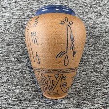 Vintage Harold C Mantz 11in Studio Pottery Vase Blue Glaze Incised Signed picture