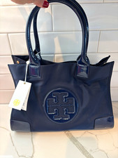 Tory Burch Ella Tote Mini Nylon Logo Jacquard Zip Detachable Strap Navy Gold picture