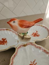 RARE VINTAGE APPONYI ORANGE HEREND BIRD RELISH THREE PART SERVING DISH HUNGARY picture