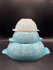Vintage Pyrex Amish Butterprint Cinderella Mixing Bowls Turquoise White 3pc Set picture