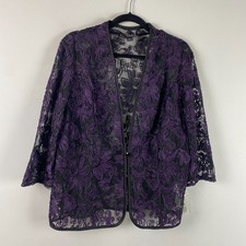 Alex Evenings Blazer Jacket Size XL Black Purple Embroidered Mesh 3/4 Sleeves picture