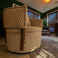 Mid Century 360° Swivel Barrel Accent Chair w/ Storage Corduroy Wood Frame Khaki picture