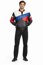 Men’s 80s Color Block Leather Bomber Jacket Retro Racing Style Black Red Blue picture