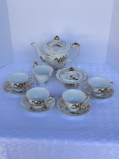 Vintage Hayasi Kutani Hand Painted Gold On White Porcelain Coffee Tea Set Japan picture