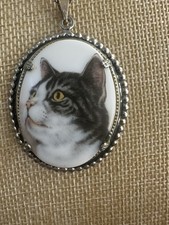 Vintage French Grey Tabby Cat Portrait Necklace SilverTone Cat Cameo Pendant picture