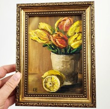 Framed Tulips & Lemon Original Oil Painting 5x7 Floral Still Life Signed OOAK picture