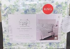 FARMHOUSE by Rachel Ashwell White Green Blue Roses Floral Cotton KING Sheet Set picture