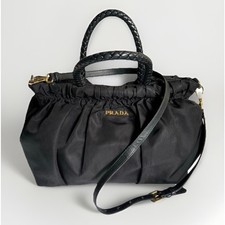 PRADA Authentic Tessuto Gaufre Ruched Nylon Satchel Handbag Black Gold Crossbody picture