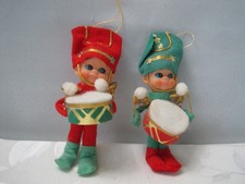 Vintage Christmas Ornaments Felt Pixie Elf Drummer Japan Lot of 2 red & green picture