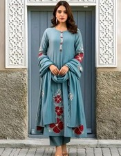Indian Women Anarkali Salwar Kameez Aqua Blue Embroidered Kurta Pant Duppatta picture
