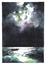 Watercolor Seascape Painting Original Night Ocean Wall Decor Gift picture