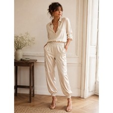 BCBGMAXAZRIA Satin Cargo Pants Womens L Silver Gray Pull On Jogger Y2K New picture