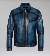 Mens Biker Cafe Racer Vintage Waxed Stylish Motorcycle Blue Leather Jacket picture