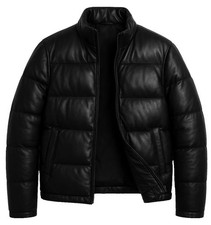 Men's Genuine Leather Puffer Jacket Black Quilted Bomber Zip Up Winter Coat picture