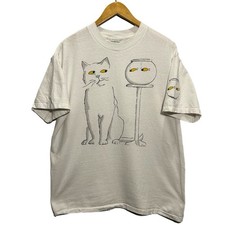 Vintage Studio Q Cat See Food Fish Bowl White Graphic T Shirt Size Large 90s picture