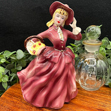 Vintage Ucagco Japan Ceramic Victorian Lady Figurine Mauve Bonnet Flower Basket picture