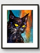 Original Vivid 11x14 Black Cat Hand Painted Acrylic Signed Spooky Paper Art P617 picture