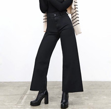 Zara Women’s Black High Rise Wide-Leg Denim Cotton Pants w/ Pockets picture
