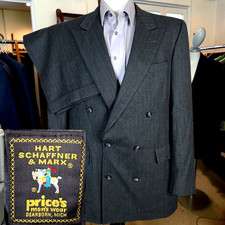 Hart Schaffner Marx Suit 2 Piece Mens 42L 34X31 Gray Double Breasted Wool picture