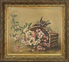 Antique Victorian Bird Apple Cherry Flowers Basket Still Life Painting on Board picture
