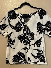 Talbots Black And White Cotton/Linen Blend Short Sleeve Top Size S picture