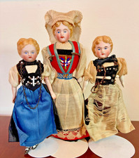 3 Antique German Bisque shoulderhead dolls in ORIGINAL Regional costuming picture