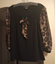 Elegant Adele & May Black Leopard Blouse Sheer Puff 3/4 Sleeve With Tie  US M picture