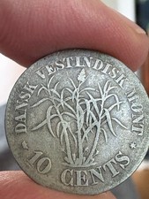 1859 DANISH WEST INDIES 10 CENTS SILVER LEAFY PLANT FREDERIK VII WORLD COIN RARE picture