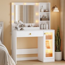 Small Makeup Vanity with Mirror and Lights, Charging Station & RGB Glass Cabinet picture