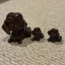Vintage Brown Ceramic Mom Dog With Green Rhinstone Eyes & 2 Puppies Artmark picture