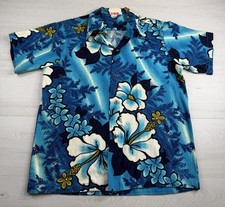 Vtg Connies Fashions Hawaiian Shirt Blue Floral Aloha Barkcloth Camp 50s 60s M picture