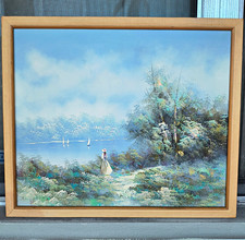 DuBois French Impressionist Oil Painting   Woman by Lake Sailboats Collectable  picture