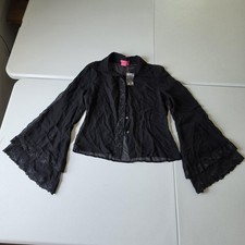 Y2K Whimsigoth Fairy Grunge Witch Top Medium Black Silk Sheer Bell Sleeve picture