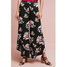 Elevenses Anthropologie Black Floral Satin Wide Leg Ruffle Hem Pants Size 2 picture