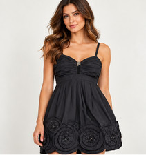 BCBGMAXAZRIA Womens 8 Black Taffeta Rosette Beaded Applique Cocktail Mini Dress  picture