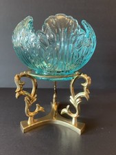 Vintage Retired Fenton Aqua Blue Glass Bowl Ornate Brass Stand Great Condition picture
