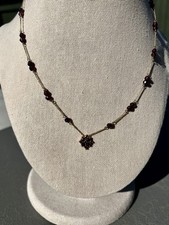 14K YG Garnet Station Necklace Flower Charm Pendant 17” Chain picture