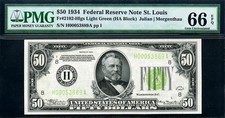 1934 $50 LGS St. Louis Light Green Seal FRN • Fr. 2102-H • GEM UNC • PMG 66 EPQ picture