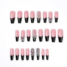 24 Pcs Press On Nails Long Square Pink Black French Tip Snake Rhinestone picture