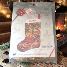 Vtg Teddy and Cat Needlepoint Christmas Stocking Kit 30558 12x17 Candamar Xmas picture