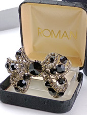 Vintage Signed Roman Black & Clear Crystal Bow Brooch & Jewelry Case picture