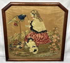 Antique Needlepoint Stumpwork Plushwork King Charles Spaniel Girl Parrot Flowers picture