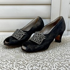 Vintage 1940s Black Suede Peep Toe Heels Rhinestone Buckles Art Deco Shoes picture