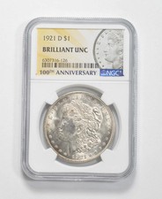 1921-D Morgan Silver Dollar MS Brilliant Unc NGC 100th Anniv 2021 Label picture