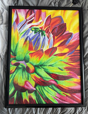 Large Original Framed Modern Floral Oil Pastel, Colorful Flowers Artwork picture