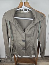 Monoreno Women's M Army Green Jacket Removable Hood Metal Buttons Pleated Back picture