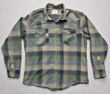 VTG Wrangler Pearl Snap Shirt Mens L Green Plaid Flannel Western Work picture