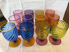 Robert Dane Tutti Frutti 12 Signed Hand Blown Art Glass Water Goblets Never Used picture