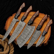 Damascus Steel Kitchen Knives set 5 pcs Custom Handmade Knives Leather Bag picture